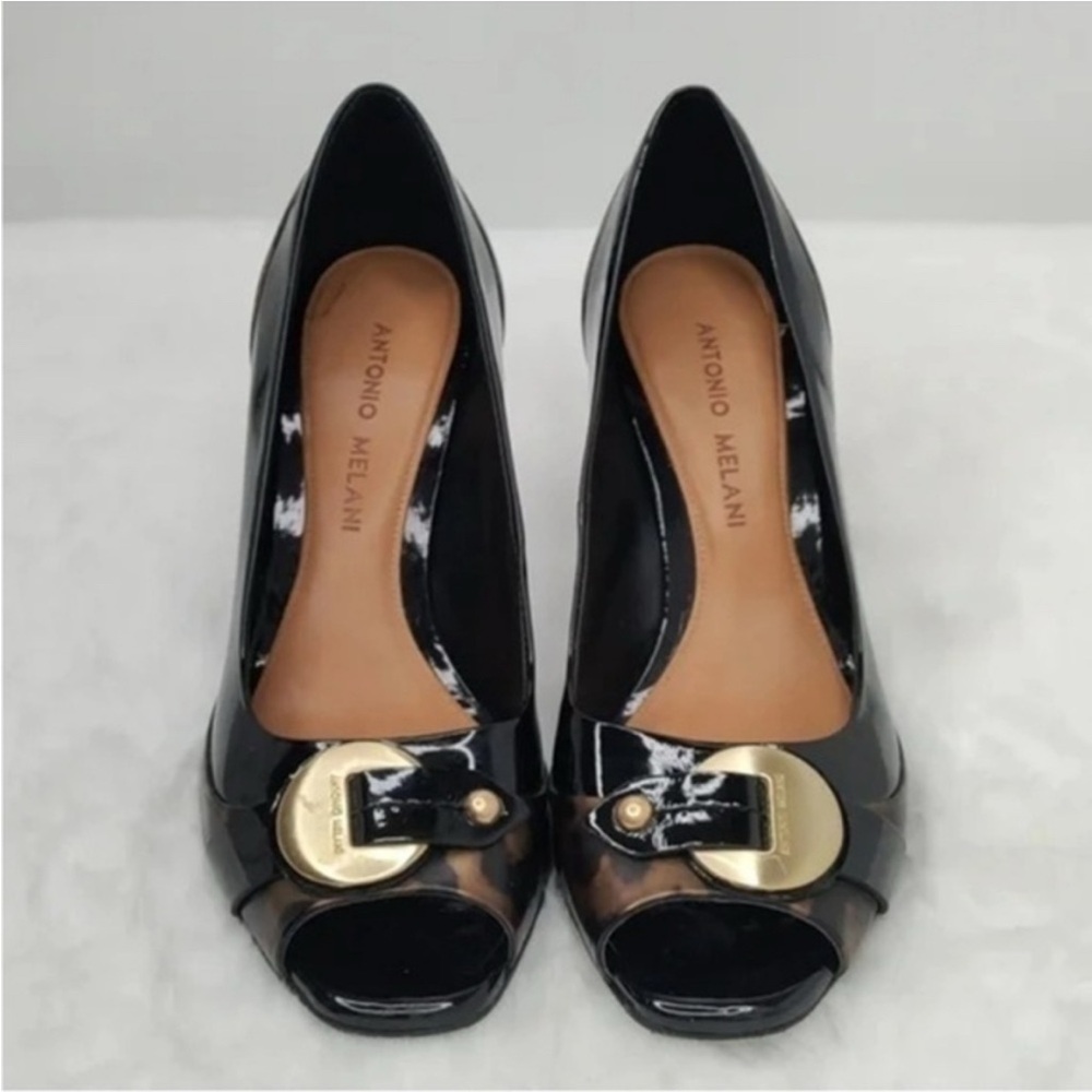 Antonio Melani Black Patent Peep-Toe Heels With Gold Hardware Size 9.5